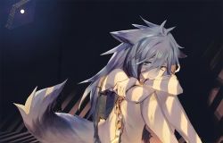 Rule 34 | 1girl, ahoge, animal ears, bare shoulders, chain, closed mouth, fox girl, frown, grey eyes, hair between eyes, long hair, mimitoke, moon, moonlight, original, prison, scar, sitting, solo, stone, tail, torn clothes, white hair, white tail, window