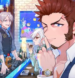 Rule 34 | 3boys, beard, blue eyes, cup, drinking glass, edmond dantes (fate), facial hair, fate/grand order, fate (series), finger to mouth, formal, glasses, grey hair, james moriarty (archer) (fate), james moriarty (gray collar) (fate), jewelry, long hair, long sideburns, long sleeves, looking at another, male focus, multiple boys, muscular, mustache, napoleon bonaparte (fate), open mouth, pectorals, ring, scar, shitappa, shushing, sideburns, sitting, smile, watch, white day