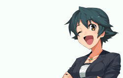 Rule 34 | 1girl, ;d, bing, green hair, happy, highres, jewelry, microsoft bing, microsoft windows, nanao (bing), necklace, one eye closed, open mouth, short hair, smile, solo, wallpaper, wink, yellow eyes