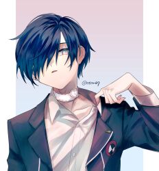 Rule 34 | 1boy, black jacket, blue eyes, blue hair, choker, clothes pull, collarbone, collared shirt, commentary request, gekkoukan high school uniform, gradient background, hand up, heart, heart choker, highres, jacket, long sleeves, looking at viewer, male focus, one eye covered, open clothes, open jacket, parted lips, persona, persona 3, school uniform, shirt, shirt pull, short hair, solo, swept bangs, tomato (otom67), twitter username, upper body, white choker, white shirt, yuuki makoto (persona 3)