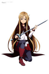 Rule 34 | 1girl, absurdres, aqua inc., asuna (sao), clothes lift, female focus, full body, highres, long hair, looking at viewer, magazine scan, megami magazine, official art, on one knee, pantyhose, scan, simple background, skirt, skirt lift, solo, sword, sword art online, sword art online progressive, tagme, very long hair, weapon, white background