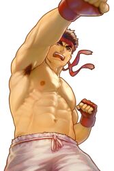 Rule 34 | 1boy, abs, armpit hair, armpits, bad id, bad twitter id, bara, boxing gloves, brown hair, facial hair, fingerless gloves, foreshortening, from below, frown, gloves, large pectorals, male focus, mature male, mma gloves, muscular, muscular male, navel, nipples, obliques, pants, pectorals, perspective, ryu (street fighter), short hair, sideburns, solo, stomach, street fighter, stubble, thick eyebrows, topless male, training, usada (usaddd), white pants