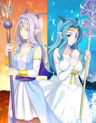 Rule 34 | 2girls, azu, bare shoulders, blue eyes, blue hair, bridal gauntlets, detached sleeves, dragon girl, dragon quest, dragon quest x, dress, earrings, estella (dq10), fina (dq10), fire, hand on own chest, headpiece, highres, horns, jewelry, long hair, looking at viewer, mole, mole under eye, multiple girls, necklace, pointy ears, purple hair, ribbon, sash, staff, tiara, water, wavy hair, white dress, yellow eyes, yellow ribbon