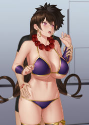 Rule 34 | 1boy, 1girl, absurdres, bead necklace, beads, bikini, black hair, blush, breasts, bridal gauntlets, brown hair, commentary request, cowboy shot, earrings, fate/grand order, fate (series), fujimaru ritsuka (male), gonoike biwa, hair between eyes, hair rings, highres, holding another&#039;s wrist, hoop earrings, jewelry, large breasts, long hair, looking up, navel, necklace, open mouth, prayer beads, purple bikini, purple eyes, solo focus, swimsuit, teeth, torso grab, upper teeth only, very long hair, xuangzang sanzang (fate)