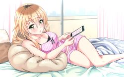 Rule 34 | 1girl, balcony, bed, bed sheet, blonde hair, blush, breasts, cellphone, cleavage, curtains, cushion, glass door, highres, ienaga mugi, iphone x, long hair, looking at viewer, nijisanji, parted lips, phone, shirihime, shorts, smartphone, solo, thighs, virtual youtuber, yellow eyes