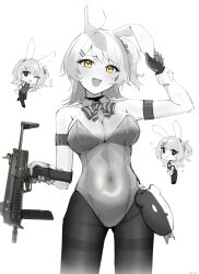 1girl absurdres alternate_costume animal_bag animal_ears bow bowtie breasts cheeta_(girls&#039;_frontline_2) chibi choker cleavage commentary covered_navel cowboy_shot detached_collar fake_animal_ears girls&#039;_frontline girls&#039;_frontline_2:_exilium gloves greyscale gun h&amp;k_mp7 hair_ornament hairpin highres holding holding_gun holding_weapon leotard looking_at_viewer medium_hair monochrome mp7_(girls&#039;_frontline) open_mouth oriyos pantyhose playboy_bunny rabbit_ears simple_background sketch spot_color submachine_gun sweatdrop teeth trigger_discipline upper_teeth_only weapon wrist_cuffs yellow_eyes