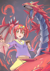 Rule 34 | 1boy, 1girl, absurdres, artist request, card, claws, demon, demon wings, dragon, duel monster, fire, highres, horns, long hair, looking at viewer, playing card, red hair, sharp teeth, simple background, teeth, twintails, uria lord of searing flames, wings, yasuda uria, yu-gi-oh!, yu-gi-oh! tag force