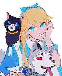 Rule 34 | 1boy, absurdres, animal, animal on shoulder, blonde hair, blue eyes, bow, cat, crossdressing, dog, fangs, hand on own cheek, hand on own face, head tilt, headband, highres, koromaru (persona), kuma (persona 4), long hair, morgana (persona 5), open mouth, persona, persona 3, persona 4, persona 5, petting, puffy short sleeves, puffy sleeves, red eyes, shenhaihua, short sleeves, sidelocks, sideways glance, simple background, smile, tongue, trait connection, trap, upper body, white background