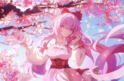 Rule 34 | 1girl, absurdres, alternate costume, blue sky, bow, braid, breasts, bright pupils, cherry blossoms, commentary request, cowboy shot, diamond-shaped pupils, diamond (shape), dress, elysia (honkai impact), euzh266, frilled dress, frills, hair between eyes, hair bow, hair intakes, hand in own hair, highres, holding, holding petal, honkai (series), honkai impact 3rd, large breasts, layered dress, long hair, looking at viewer, parted lips, petals, pink bow, pink eyes, pink hair, pink theme, red bow, single braid, sky, solo, symbol-shaped pupils, underbust, very long hair, white dress, white pupils