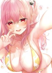 Rule 34 | 1girl, armpits, azur lane, bent over, bikini, breasts, cleavage, dead or alive, dead or alive 5, hair behind ear, honoka (doa), large breasts, long hair, looking at viewer, open mouth, pink hair, red eyes, selfie, side ponytail, smile, solo, swimsuit, teltelhousi, v, wet
