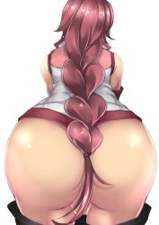 Rule 34 | 10s, 1girl, ass, bad id, bad pixiv id, bare shoulders, boots, bottomless, braid, braided ponytail, brown hair, from behind, hai to gensou no grimgar, hair censor, huge ass, long braid, long hair, shiny skin, simple background, single braid, solo, unko samurai, white background, yume (grimgar)