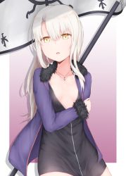 Rule 34 | 1girl, anchor necklace, banner, black dress, breasts, cleavage, collarbone, cosplay, cowboy shot, dress, fate (series), fur-trimmed jacket, fur trim, highres, illyasviel von einzbern, jacket, jeanne d&#039;arc (fate), jeanne d&#039;arc alter (avenger) (fate), jeanne d&#039;arc alter (fate), jeanne d&#039;arc alter (fate) (cosplay), jewelry, long hair, looking at viewer, necklace, open clothes, open jacket, open mouth, purple jacket, seven d3t, short dress, silver hair, small breasts, solo, very long hair, yellow eyes