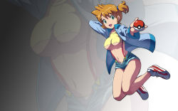 Rule 34 | 1girl, breasts, cosplay, covered erect nipples, creatures (company), denim, denim shorts, game freak, green eyes, gym leader, highres, impossible clothes, impossible shirt, jumping, makoto daikichi, midriff, misty (pokemon), nintendo, open clothes, orange hair, poke ball, pokemon, pokemon (anime), shirt, shoes, shorts, side ponytail, sneakers, solo, suspenders, underboob, zoom layer