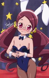 Rule 34 | 1girl, alternate costume, animal ears, blue leotard, blush, bow, bowtie, breasts, cleavage, curtains, detached collar, embarrassed, fake animal ears, glasses, hanasaki tsubomi, heartcatch precure!, highres, interlocked fingers, leotard, looking at viewer, nanaeljustice, pantyhose, playboy bunny, precure, rabbit ears, red eyes, red hair, rimless eyewear, round eyewear, signature, small breasts, solo, star (symbol), strapless, strapless leotard, twintails, wrist cuffs
