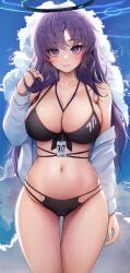 Rule 34 | 1girl, absurdres, alternate costume, alternate hairstyle, bikini, black bikini, blue archive, blush, breasts, closed mouth, cloud, collarbone, commentary, doyoon 7, halo, highres, large breasts, long sleeves, looking at viewer, navel, open clothes, open shirt, outdoors, purple eyes, purple hair, shirt, sky, solo, standing, stomach, swimsuit, white shirt, yuuka (blue archive)