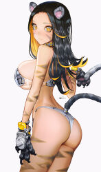 Rule 34 | 1girl, :3, animal ears, animal hands, ass, bikini, black hair, bodypaint, breasts, claws, closed mouth, collar, colored inner hair, etama quomo, facepaint, flipped hair, grey bikini, large breasts, light blush, long hair, looking at viewer, multicolored hair, orange hair, original, signature, simple background, slit pupils, solo, strapless, strapless bikini, studded collar, swimsuit, tail, tail raised, tiger ears, tiger girl, tiger paws, tiger tail, two-tone hair, white background, yellow eyes