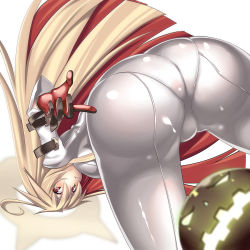 Rule 34 | 1girl, :t, ahoge, arc system works, ass, ass focus, ball and chain restraint, blonde hair, blush, bodysuit, breasts, cameltoe, candy, spiked halo, food, from behind, gloves, guilty gear, guilty gear xrd, guilty gear xrd: revelator, halo, huge ass, jack-o&#039; valentine, lollipop, long hair, looking at viewer, multicolored hair, pantylines, red eyes, red hair, shiny clothes, simple background, skin tight, solo, takanashi-a, tight clothes, upside-down, very long hair, white background