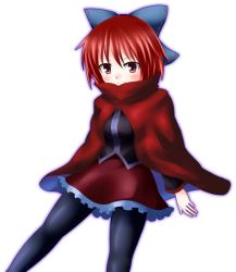 Rule 34 | 1girl, black pantyhose, blouse, cape, frilled skirt, frills, light smile, long sleeves, looking at viewer, mochizuki ado, outline, pantyhose, red eyes, red hair, sekibanki, shirt, short hair, simple background, skirt, solo, touhou, white background