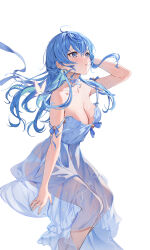 Rule 34 | 1girl, ahoge, alternate breast size, arm up, bare arms, bare shoulders, barefoot, blue dress, blue eyes, blue hair, blue nails, breasts, bug, butterfly, choker, cleavage, cloud, collarbone, commentary, commentary request, dress, earrings, english commentary, feet out of frame, floating hair, flower, frills, from side, hand on own head, highres, hololive, hoshimachi suisei, houkisei, insect, jewelry, long hair, looking up, medium breasts, nail polish, navel, neck ribbon, o-ring, o-ring choker, parted lips, purple choker, purple ribbon, ribbon, see-through, see-through dress, simple background, sitting, sleeveless, sleeveless dress, solo, star (symbol), star earrings, star in eye, strap slip, sundress, symbol in eye, thighs, virtual youtuber, water, white background