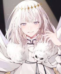 Rule 34 | 1boy, arthropod boy, blue eyes, cape, commentary request, crown, diamond hairband, fate/grand order, fate (series), fur-trimmed cape, fur trim, highres, insect wings, long hair, long sleeves, male focus, nonno phi, oberon (fate), open mouth, smile, solo, wings