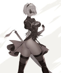 Rule 34 | 1girl, absurdres, aruku (a857664455590), ass, black dress, black thighhighs, blindfold, boots, breasts, cleavage, cleavage cutout, closed mouth, clothing cutout, commentary request, curvy, dress, feather trim, gloves, hairband, highres, hip focus, holding, holding sword, holding weapon, legs, lips, medium breasts, mole, mole under mouth, nier (series), nier:automata, puffy sleeves, short hair, simple background, solo, sword, thick thighs, thigh boots, thighhighs, thighs, turtleneck, two-sided fabric, two-sided skirt, weapon, white hair, wide hips, 2b (nier:automata)
