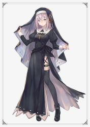Rule 34 | 1girl, ankle boots, black border, black bow, black dress, black footwear, black thighhighs, blue eyes, boots, border, bow, breasts, buckle, closed mouth, cross, cross necklace, dress, full body, grey background, habit, highres, holding, jewelry, juliet sleeves, kobuta, long hair, long sleeves, looking at viewer, medium breasts, necklace, original, pelvic curtain, puffy sleeves, ribbon, silver hair, simple background, solo, standing, thighhighs, very long hair, yellow ribbon