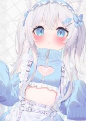 Rule 34 | 1girl, :o, animal ear fluff, animal ears, apron, blue bow, blue eyes, blue hairband, blue jacket, blue shirt, blue skirt, blush, bow, breasts, cat ears, cleavage cutout, clothing cutout, crop top, frilled apron, frilled hairband, frills, hair between eyes, hair bow, hair ornament, hairband, hairclip, heart, heart cutout, highres, indie virtual youtuber, jacket, long hair, long sleeves, looking at viewer, nyandaful, parted lips, puffy sleeves, shirt, skirt, sleeves past fingers, sleeves past wrists, small breasts, solo, tofu1601, two side up, virtual youtuber, waist apron, white apron, white hair