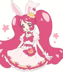 Rule 34 | 10s, 1girl, :d, animal ears, ariesuzu (ariessz), bad id, bad pixiv id, blush, bow, cake hair ornament, choker, collarbone, cure whip, dress, earrings, eyebrows, eyelashes, flat chest, food-themed hair ornament, frilled dress, frills, gloves, hair ornament, hairband, jewelry, kirakira precure a la mode, long hair, magical girl, open mouth, pink bow, pink choker, pink dress, pink eyes, pink gloves, pink hair, pink hairband, pink theme, pom pom (clothes), pom pom earrings, precure, rabbit ears, simple background, smile, solo, star (symbol), twintails, usami ichika, very long hair, white background