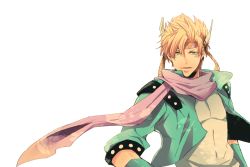 Rule 34 | 1boy, blonde hair, caesar anthonio zeppeli, facial mark, feather hair ornament, feathers, fingerless gloves, gloves, green eyes, green jacket, feather hair ornament, headband, jacket, jojo no kimyou na bouken, kino (o2ban0), male focus, pink scarf, scarf, solo