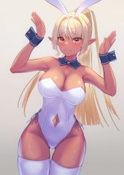 Rule 34 | 1girl, 3:, animal ears, armpits, arms up, bare shoulders, blonde hair, blue ribbon, blush, boku no edamame, breasts, cleavage, closed mouth, clothing cutout, dark-skinned female, dark skin, detached collar, elf, frown, gradient background, grey background, groin, hairband, highleg, highleg leotard, highres, hololive, large breasts, leotard, long hair, looking at viewer, multicolored hair, navel, navel cutout, orange eyes, playboy bunny, pointy ears, ponytail, rabbit ears, rabbit pose, ribbon, shiranui flare, solo, strapless, strapless leotard, streaked hair, thigh gap, thighs, two side up, very long hair, virtual youtuber, white hair, white hairband, white legwear, white leotard, wrist cuffs