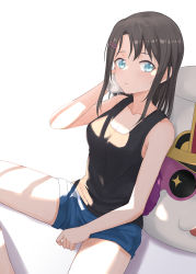 Rule 34 | 1girl, bang dream!, bare shoulders, between legs, black hair, black tank top, blue shorts, breasts, cleavage, closed mouth, coldcat., collarbone, commentary, cowboy shot, eyebrows hidden by hair, grey eyes, hair between eyes, hair ornament, hairclip, hand between legs, highres, leaning on object, looking at viewer, mascot head, medium breasts, medium hair, michelle (bang dream!), okusawa misaki, shadow, short shorts, shorts, sidelocks, simple background, sitting, solo, sweat, tank top, towel, white background, window shadow