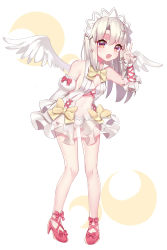 Rule 34 | 1girl, :d, ankle lace-up, bare shoulders, bow, bowtie, breasts, commentary, cross-laced footwear, detached sleeves, dress, eyes visible through hair, fate/grand order, fate/kaleid liner prisma illya, fate (series), flower, full body, hair flower, hair ornament, high heels, highres, illyasviel von einzbern, illyasviel von einzbern (choco angel), large bow, looking at viewer, navel, open mouth, red eyes, roro (shisi4656), see-through, simple background, small breasts, smile, solo, v, white dress, white hair, wings, yellow bow