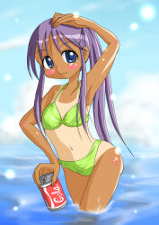 Rule 34 | 1girl, arm up, bikini, blue eyes, blush, breasts, can, cloud, coca-cola, drink can, green bikini, highres, long hair, looking at viewer, marinba, navel, ocean, one-piece tan, ponytail, purple hair, sky, small breasts, smile, soda can, standing, swimsuit, tan, tanline, wading, water