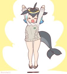 Rule 34 | animal ears, black hair, blonde hair, blowhole, blue hair, blush, cetacean tail, common dolphin (kemono friends), coroha, cosplay, dolphin girl, dorsal fin, fins, fish tail, glasses, jumping, kemono friends, kemono friends 3, meerkat (kemono friends), meerkat (kemono friends) (cosplay), multicolored hair, naked sweater, open mouth, short hair, smile, sweater, tail, two-tone sweater, white hair