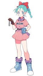 Rule 34 | 1girl, bad id, bad twitter id, belt, boots, bow, braid, brown gloves, bulma, dragon ball, dragon radar, dress, frown, full body, gloves, gum (gmng), hair bow, hand on own hip, name tag, pouch, purple eyes, scarf, shoes, simple background, sneakers, solo, striped, vertical stripes, white background