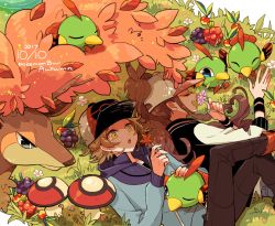 Rule 34 | 1boy, 1girl, autumn leaves, baseball cap, berry (pokemon), brown hair, chikafuji, closed eyes, commentary request, copyright name, creatures (company), dated, eyelashes, flower, foongus, game freak, gen 2 pokemon, gen 5 pokemon, grass, hat, hilbert (pokemon), hilda (pokemon), holding, holding flower, long hair, long sleeves, lying, natu, nintendo, on back, open mouth, pants, pokemon, pokemon (creature), pokemon bw, sawsbuck, sawsbuck (autumn), sidelocks, yellow eyes