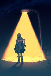 Rule 34 | 1girl, backpack, bag, black eyes, boots, brown hair, closed mouth, eyes visible through hair, grass, highres, jacket, lamp, lamppost, light, long sleeves, medium hair, mncpa, night, night sky, original, shadow, signature, sky, solo, sparkle, standing, star (sky), star (symbol), starry sky