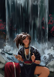Rule 34 | 1girl, absurdres, akali, black choker, breasts, brown eyes, brown hair, choker, foreshortening, highres, holding, holding weapon, japanese clothes, kunai, league of legends, looking at viewer, maassi (maa2sii), ninja, outdoors, ponytail, sitting, smile, solo, spread legs, water, waterfall, weapon