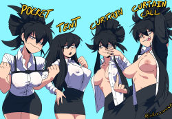 Rule 34 | 1girl, absurdres, aqua background, black hair, black jacket, black pants, black skirt, breasts, breasts apart, collared shirt, covered erect nipples, cowboy shot, curtain call challenge (meme), english text, hair between eyes, hand on own hip, hand up, highres, inker comics, jacket, long hair, long sleeves, meme, middle finger, multiple views, nipples, no bra, open clothes, open shirt, original, pants, parted lips, shirt, simple background, skirt, sleeves rolled up, smile, white shirt