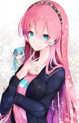 Rule 34 | 2girls, aqua eyes, aqua hair, black jacket, blue eyes, collarbone, commentary, expressionless, finger to own chin, food, glowing, hair ornament, hairband, hatsune miku, headphones, holding, holding food, holding spring onion, holding vegetable, jacket, long hair, looking at viewer, megurine luka, mini person, minigirl, multiple girls, on shoulder, pink hair, pink shirt, shirt, short sleeves, smile, spring onion, twintails, upper body, vegetable, very long hair, vocaloid, wanaxtuco, white shirt
