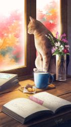 Rule 34 | animal ears, book, cat day, cat ears, cat tail, commentary request, flower, highres, indoors, kaminaga mutsumi, looking outside, no humans, open book, original, sitting, tail, vase