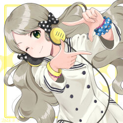 1girl :3 black_bow bow bracelet buttons closed_mouth dated dot_nose double-breasted dutch_angle finger_frame fluffy_hair grey_hair handa_roco headphones headphones_around_neck highres idolmaster idolmaster_million_live! idolmaster_million_live!_theater_days jacket jewelry long_hair long_sleeves looking_at_viewer mogukichi_aka one_eye_closed parted_bangs pocket polka_dot polka_dot_bow sailor_collar scrunchie solo sparkle twintails upper_body v-shaped_eyebrows very_long_hair wavy_hair white_jacket white_sailor_collar wrist_scrunchie yellow_eyes