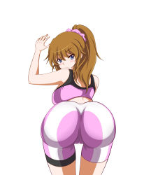 Rule 34 | 10s, 1girl, absurdres, annoyed, artist request, ass, backboob, bare shoulders, bent over, bike shorts, blue eyes, blush, breasts, from behind, gundam, gundam build fighters, gundam build fighters try, highres, hoshino fumina, huge ass, large breasts, leaning, leaning forward, long hair, looking at viewer, ponytail, scrunchie, solo, sports bra, thigh strap