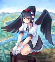 Rule 34 | 1girl, black hair, black ribbon, black skirt, black wings, blue sky, blush, breasts, closed mouth, cloud, collared shirt, commentary request, day, frilled skirt, frills, full body, geta, gloves, hair between eyes, hat, highres, lake, looking at viewer, neck ribbon, outdoors, pom pom (clothes), puffy short sleeves, puffy sleeves, red eyes, red footwear, red hat, ribbon, shameimaru aya, shirt, short hair, short sleeves, skirt, sky, small breasts, socks, solo, squatting, tengu-geta, tokin hat, touhou, water, white gloves, white shirt, white socks, wings, yumibakama meme