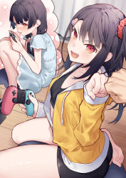 Rule 34 | 1girl, :d, aged down, black hair, black shorts, controller, game controller, hair ornament, heart, heart hair ornament, holding, holding controller, holding game controller, jacket, looking at viewer, munakata hinano, open clothes, open jacket, open mouth, original, red eyes, short shorts, shorts, smile, sports bra, tokuno yuika, wooden floor, yellow jacket