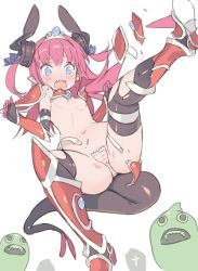 Rule 34 | 1girl, armor, ass, bikini armor, black thighhighs, blade (galaxist), blue eyes, blush, breasts, cameltoe, convenient censoring, d:, dragon girl, dragon horns, dragon tail, elizabeth bathory (brave) (fate), elizabeth bathory (fate), elizabeth bathory (fate/extra ccc), fangs, fate/grand order, fate (series), gauntlets, gem, greaves, hairband, horn ornament, horns, long hair, looking at another, looking at viewer, navel, open mouth, panties, pink hair, red armor, simple background, slime (dragon quest), small breasts, striped clothes, striped panties, tail, tears, thighhighs, torn clothes, torn legwear, torn panties, underwear, wardrobe malfunction, white background