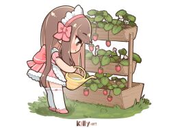 Rule 34 | 1girl, angelica (k3lly), apron, artist name, back bow, blunt bangs, bow, brown eyes, brown hair, chibi, commentary, dress, english commentary, food, footwear bow, fruit, grass, hair bow, hairband, holding, holding watering can, k3lly, light blush, maid, maid apron, maid headdress, original, pink bow, pink dress, pink footwear, pink hairband, plant, simple background, smile, standing, strawberry, thighhighs, watering, watering can, watermark, white background, white thighhighs