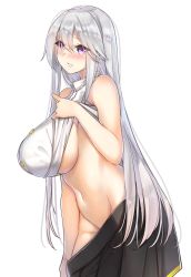 Rule 34 | 1girl, azur lane, bare arms, bare shoulders, blush, breasts, buttons, cleft of venus, collared shirt, commentary request, embarrassed, enterprise (azur lane), from side, highres, huge breasts, lips, long hair, looking at viewer, miniskirt, no bra, no panties, pink lips, purple eyes, shirt, silver hair, simple background, skirt, sleeveless, sleeveless shirt, solo, underboob, undressing, very long hair, white background, white shirt, yamanokami eaka
