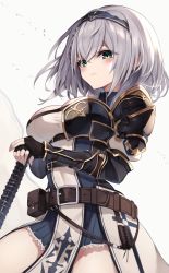 Rule 34 | 1girl, absurdres, armor, armored dress, belt buckle, black gloves, breasts, buckle, diieru, eyebrows hidden by hair, fingerless gloves, gloves, green eyes, grey hair, hair between eyes, hairband, highres, holding, holding weapon, hololive, knight, looking at viewer, shirogane noel, shirogane noel (1st costume), short hair, simple background, solo, virtual youtuber, weapon, white background