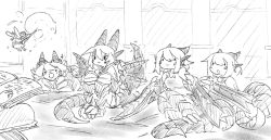 Rule 34 | 4girls, :&gt;, :d, :o, animal ears, animal hands, bare shoulders, book, chibi, claws, closed mouth, commentary, dragon (monster girl encyclopedia), dragon girl, dragon horns, dragon tail, dragon wings, english commentary, fairy, fins, flying, graphite (medium), greyscale, hair between eyes, head fins, highres, horns, hugging own legs, lamia, latenight, leanan sidhe (monster girl encyclopedia), looking at another, magic, monochrome, monster girl, monster girl encyclopedia, multiple girls, open book, open mouth, out of frame, parted lips, shirt, sitting, sleeveless, sleeveless shirt, smile, tail, traditional media, wand, wings, wurm (monster girl encyclopedia), wyvern (monster girl encyclopedia)